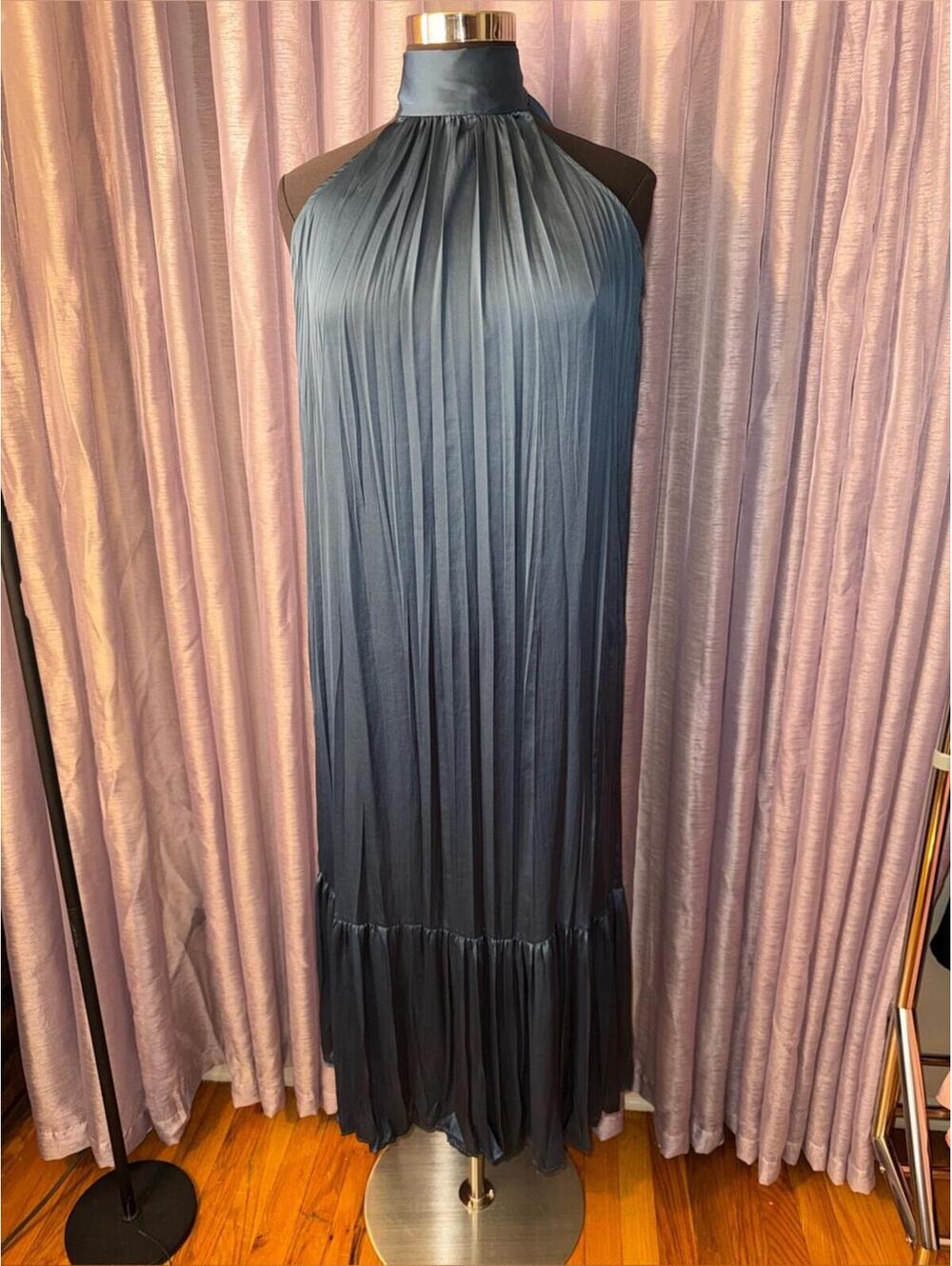 NWT Zara Satin Pleated Halter Midi Dress Blue Large